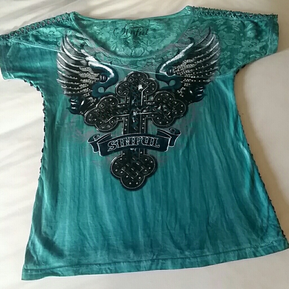 Sinful Teal Winged Cross Short Sleeve Women's Top